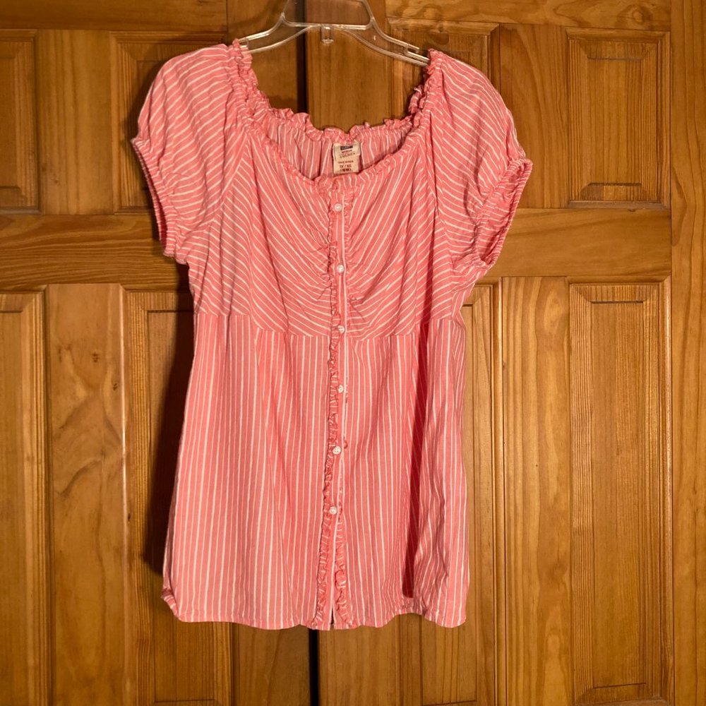 NWOT Faded Glory Vintage 90s Peasant Top Short Sleeve Blouse Pink White 1X